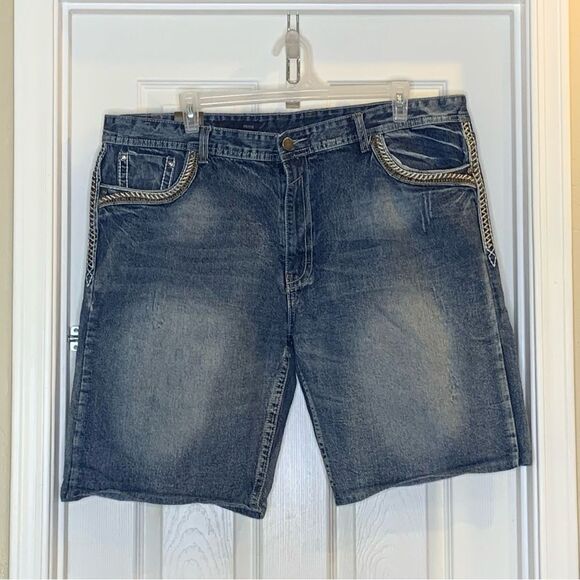 GS115 Mens Jean Shorts Size 42 Bruce Slim Fit Blue Denim Distressed - Picture 10 of 11